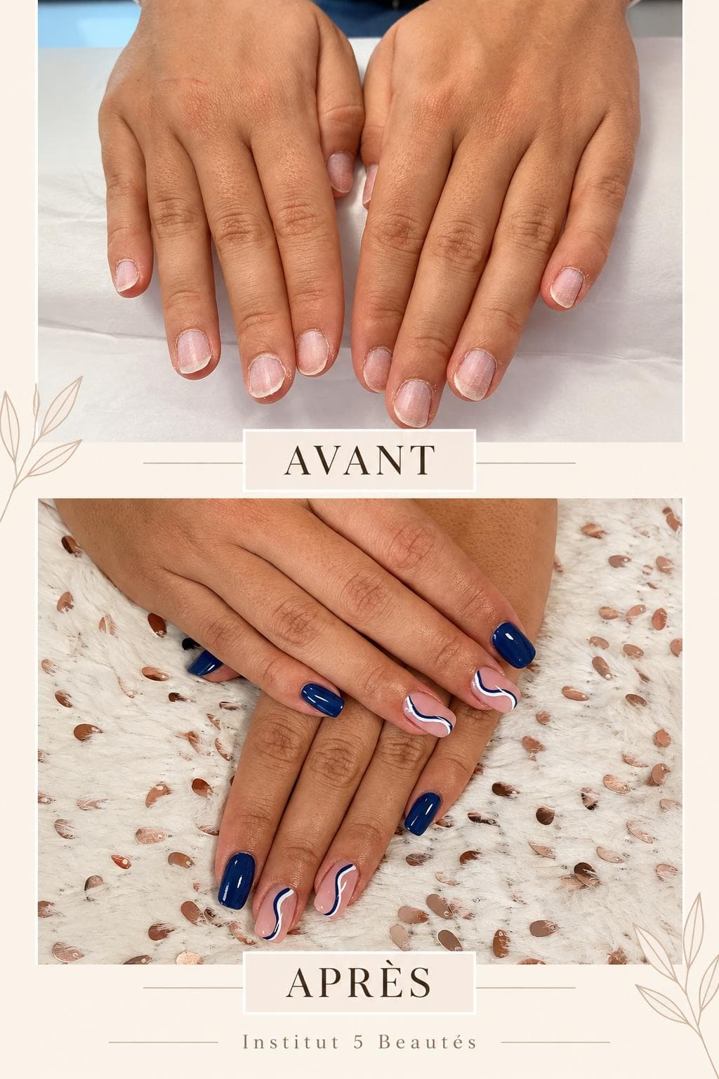 Manucure · bleu & rose — réalisation présentée par Cinq Beautés